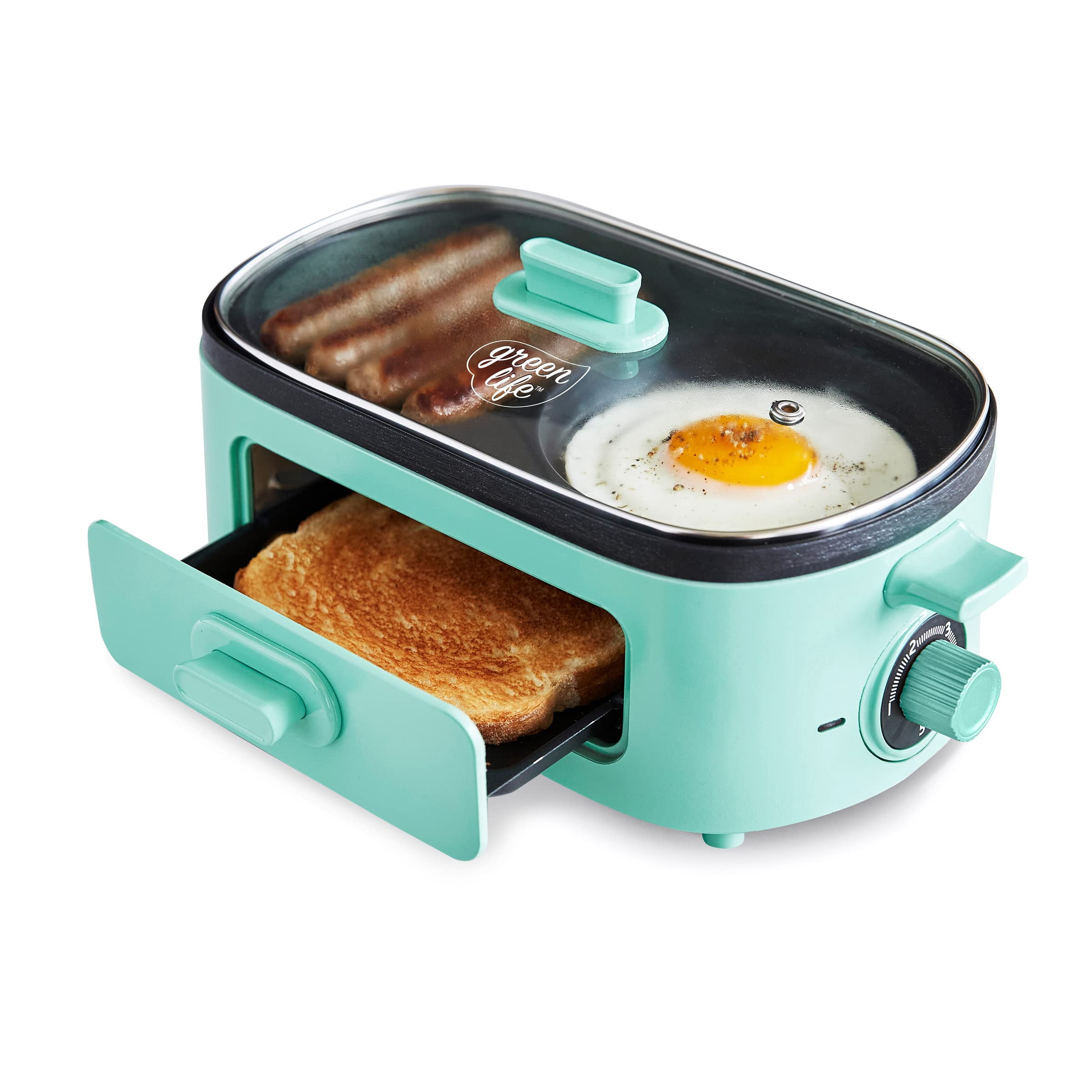greenLife 3-in-1 Breakfast Maker Station, Healthy ceramic Nonstick Dual griddles for Eggs Meat and Pancakes, 2 Slice Toast Drawer, Easy-to-use Timer, Turquoise