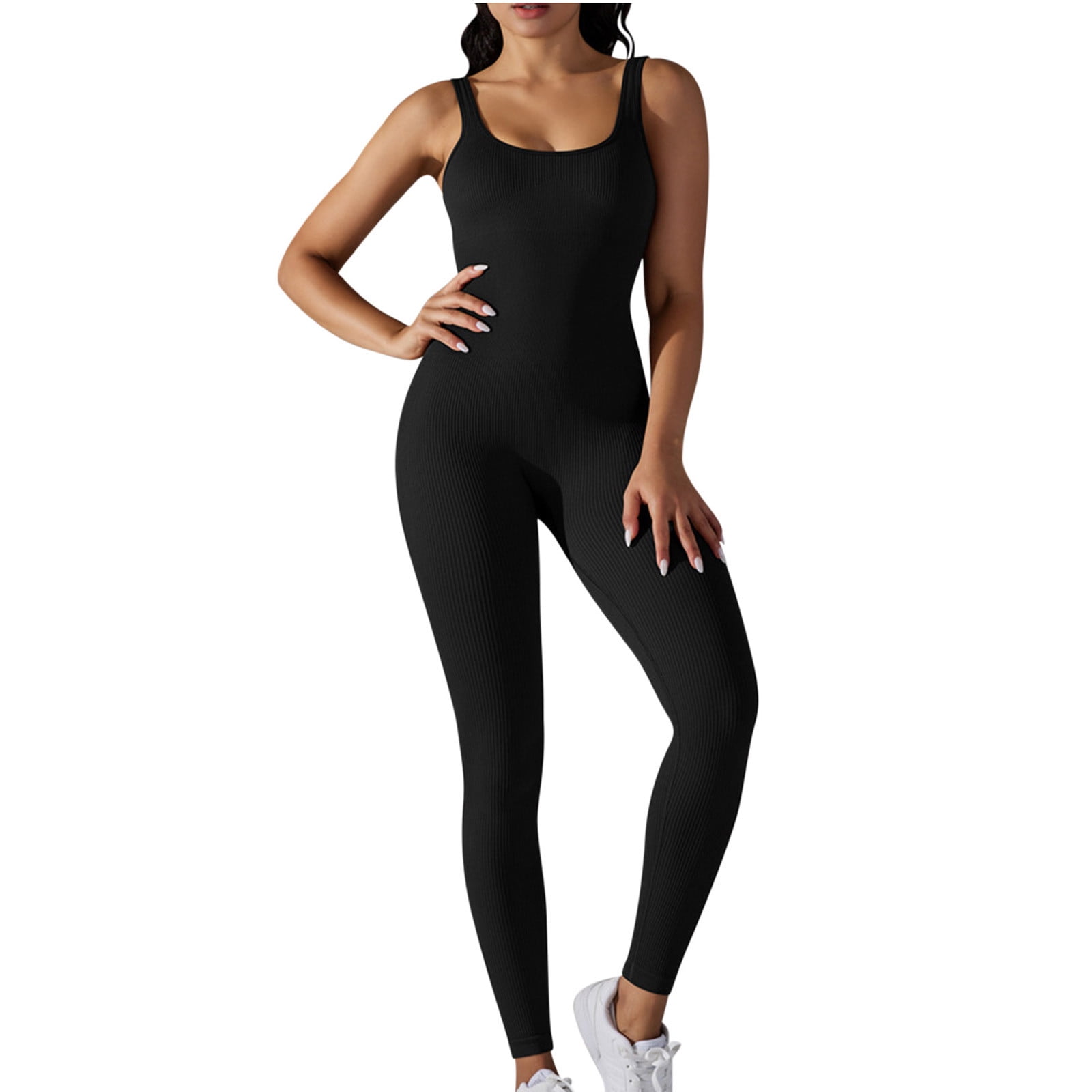 AherBiu Workout Bodysuits for Women Sleeveless Square Neck Ribbed Slim Yoga Jumpsuits Joggers Rompers