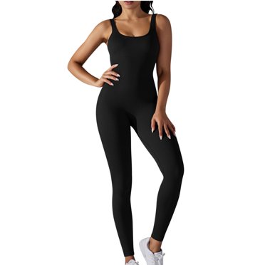 AherBiu Workout Bodysuits for Women Sleeveless Square Neck Ribbed Slim Yoga Jumpsuits Joggers Rompers