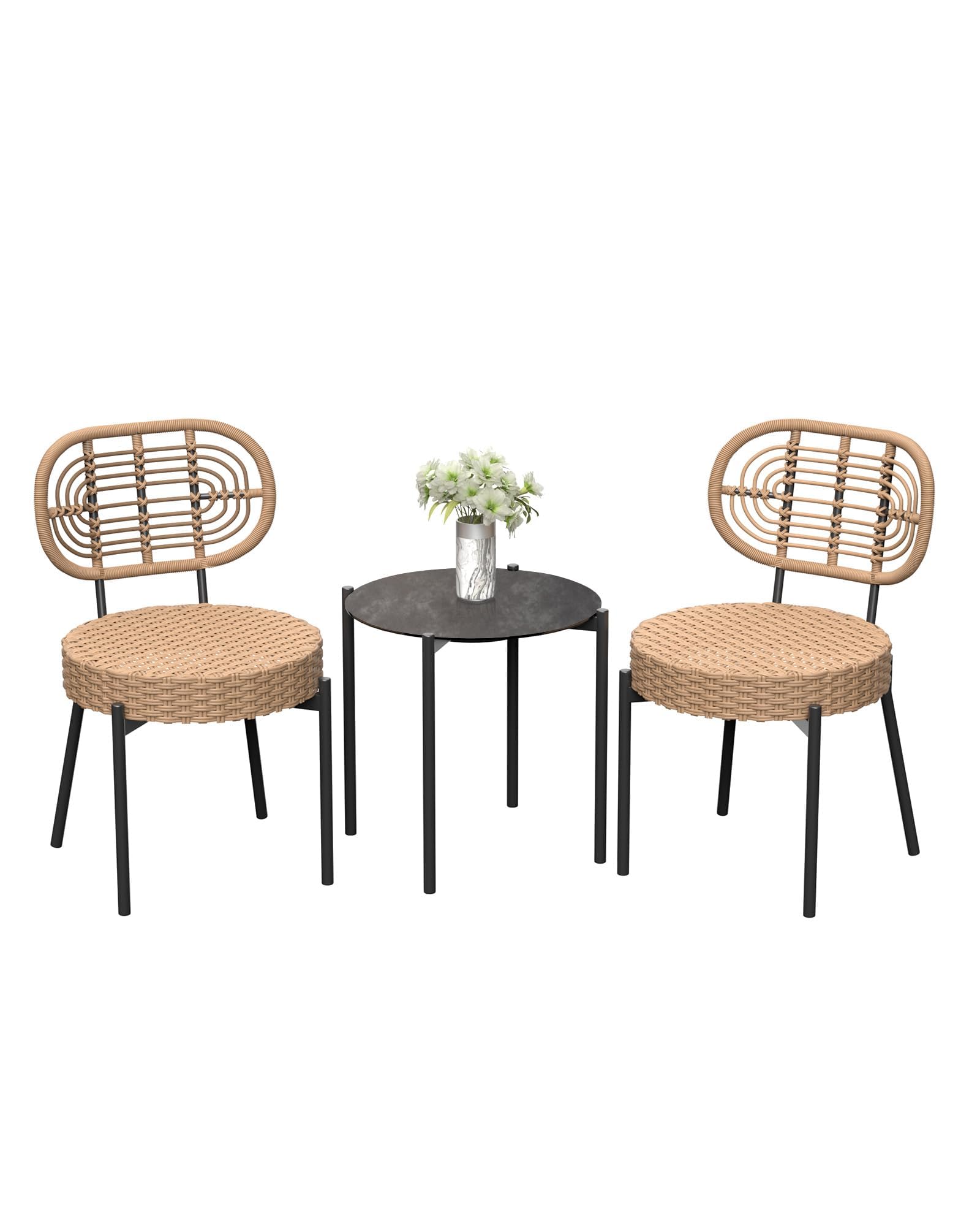 3-Piece All-Weather Wicker Bistro Set,2 Rattan Chairs + Tempered-Glass Table, Compact Outdoor Dining Furniture for Garden, Backyard, Balcony & Apartment