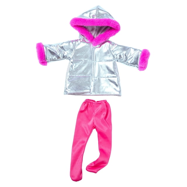 Staron 18 Inch Doll Clothes Accessories, a 2-piece set including a silver baby coat with pink faux fur trim and vibrant pink pants. Perfect for 18-inch dolls, this cotton and spandex outfit adds style and versatility to doll wardrobes.