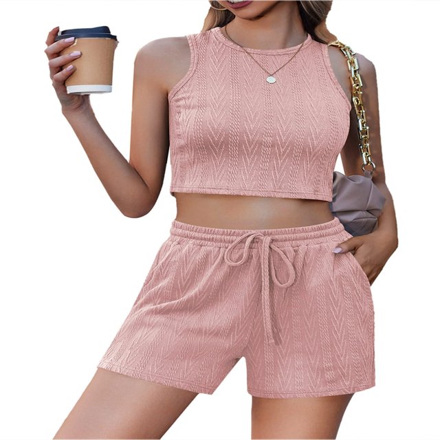 Ladies Shorts Set Sleeveless Crew Neck Top with Matching Solid Shorts