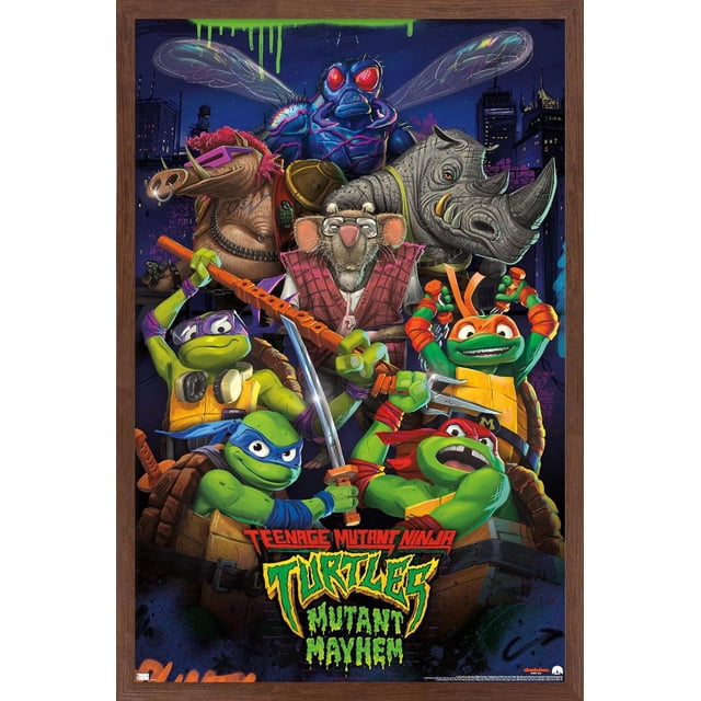 Teenage Mutant Ninja Turtles: Mutant Mayhem - Affiche Murale de Groupe Mettant en Vedette Leonardo, Donatello, Michelangelo et Raphael avec des Armes, aux Côtés de Splinter, Bebop, Rocksteady et une Grande Mouche Bleue, dans un Paysage Urbain Sombre avec graffiti Néon, Imprimée sur Papier d'Art photo Brillant, Convient à l'Art Mural et à la Déco de Chambre.