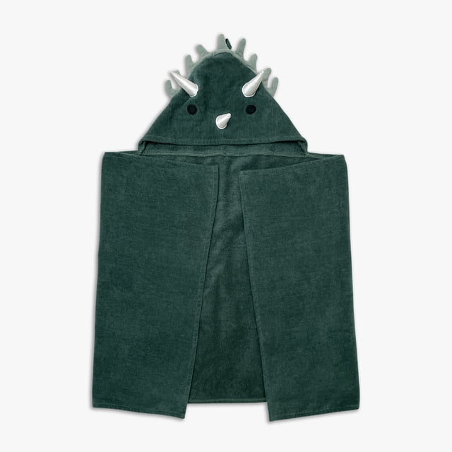 Mainstays Kids Hooded Towel in dinosaur design, dark green 100% cotton towel with an attached hood featuring three white horns and black eyes, measuring 24 x 48 inches, soft and absorbent for kids’ bath time, pool, or beach use, also suitable as a cozy wrap for imaginative play.