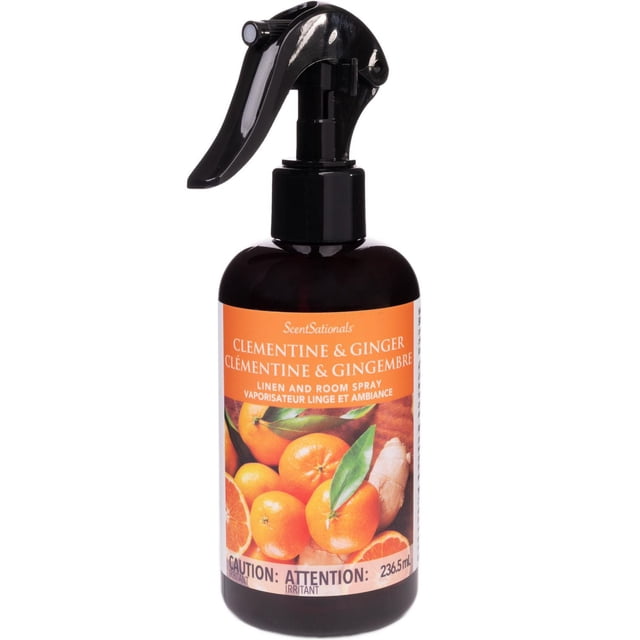 ScentSationals Room Spray - Clementine & Ginger in a dark amber bottle with black trigger spray, featuring a label with clementine and ginger images, containing 236.5 mL of essential oil-infused linen and room spray that freshens home or office spaces and is suitable for use on linens.