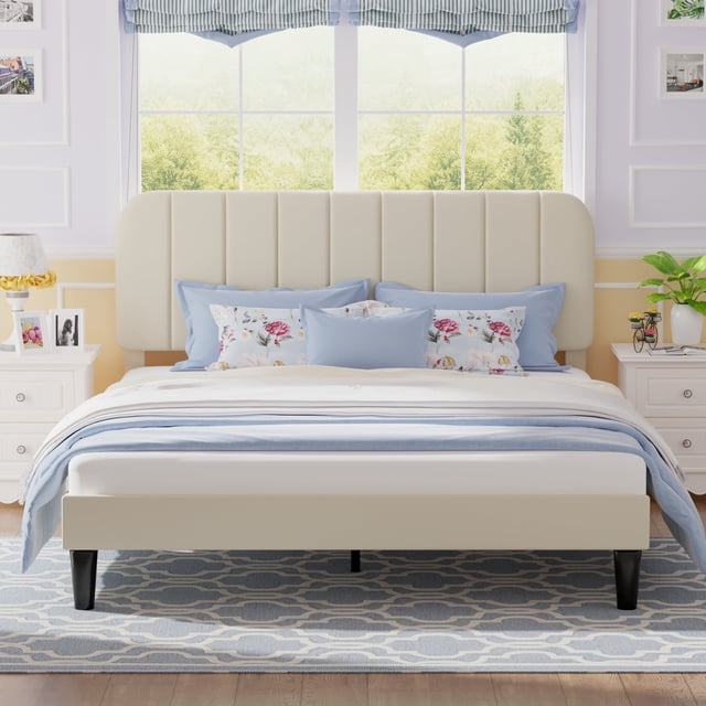 VECELO Full Size Bed Frame with Upholstered Adjustable Headboard, Wooden Slats Support/No Box Spring Needed, Beige