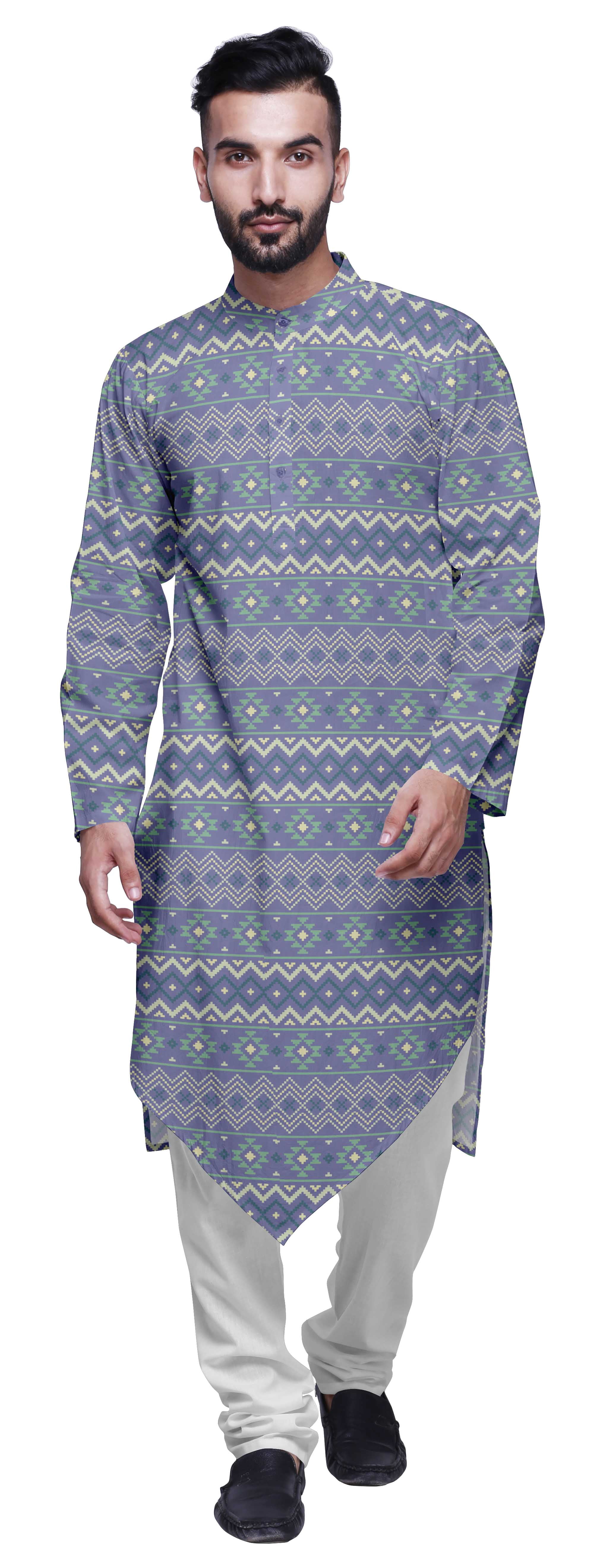 Atasi Kurta pour Homme en Coton Flex Imprimé Col Chinois Kurta Long pour Homme Chemise