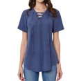thumbnail image 1 of MY Women Solid Color Short Sleeve Tunics Lace-up V Neck Top, 1 of 7