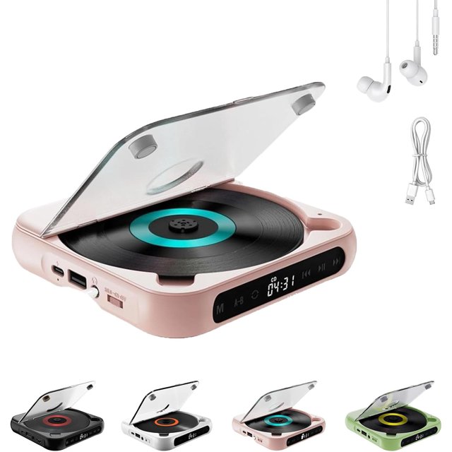 Portable Bluetooth CD Player with Headphones, Mini Rechargeable Speaker, CD/USB/BT Compatible, Pink