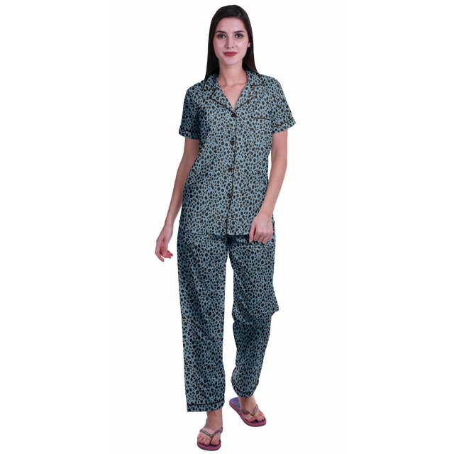Moomaya Pyjama Chemise en Coton Imprimé Col à Encoche Tenue de Nuit Ensemble de Pyjama pour Femme