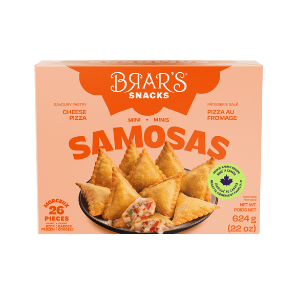 BRAR'S CHEESE PIZZA SAMOSA 624G, Brar's Cheese Pizza Samosa: Golden pastry filled with zingy tomato, mozzarella, and fresh basil unites Indian and Italian cuisine for a perfect snack. 100% Vegetarian, made with gold standard Ingredients, made in Canada