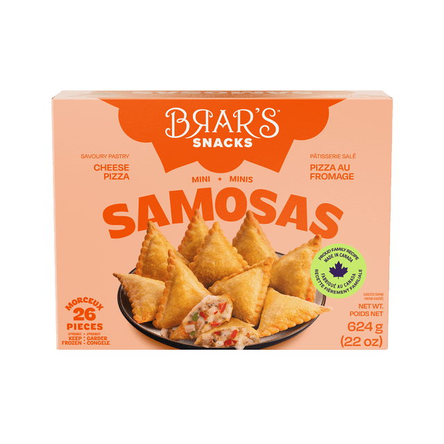 BRAR'S CHEESE PIZZA SAMOSA 624G box with 26 golden triangular mini samosas on a black plate, one cut open showing a vegetarian filling of tomato, mozzarella, and basil, blending Indian and Italian flavors, made in Canada and suitable as a frozen snack.