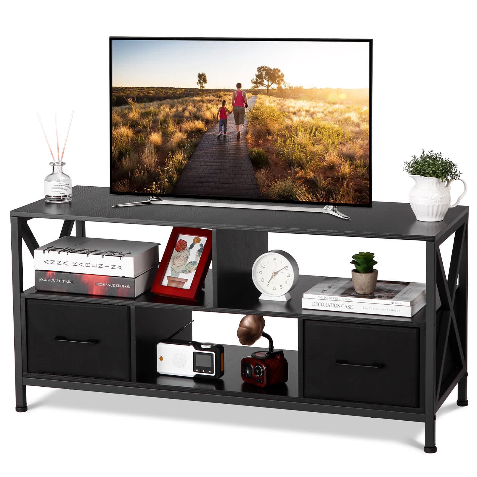Ourlova TV Stand for 50 Inch TV Entertainment Center with 2 Fabric Drawer and Open Shelf TV Stand Dresser for Bedroom TV Console Table for Living Room