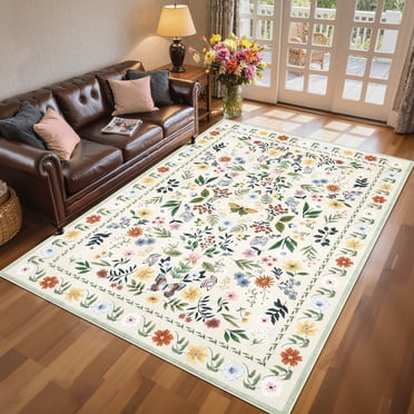 Garvee Tapis 5'x7' Lavable à Motif Floral, Tapis Vintage Usé Doux avec Endos Antidérapant pour Salon Chambre Bureau à Domicile, Beige