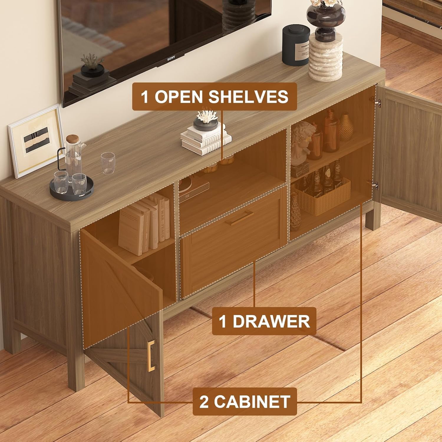 BeesClover TV Stand for 65 Inch TV, Entertainment Center with Storage Cabinets and Adjustable Shelf, Farmhouse Media TV Console Table for Living Room Bedroom