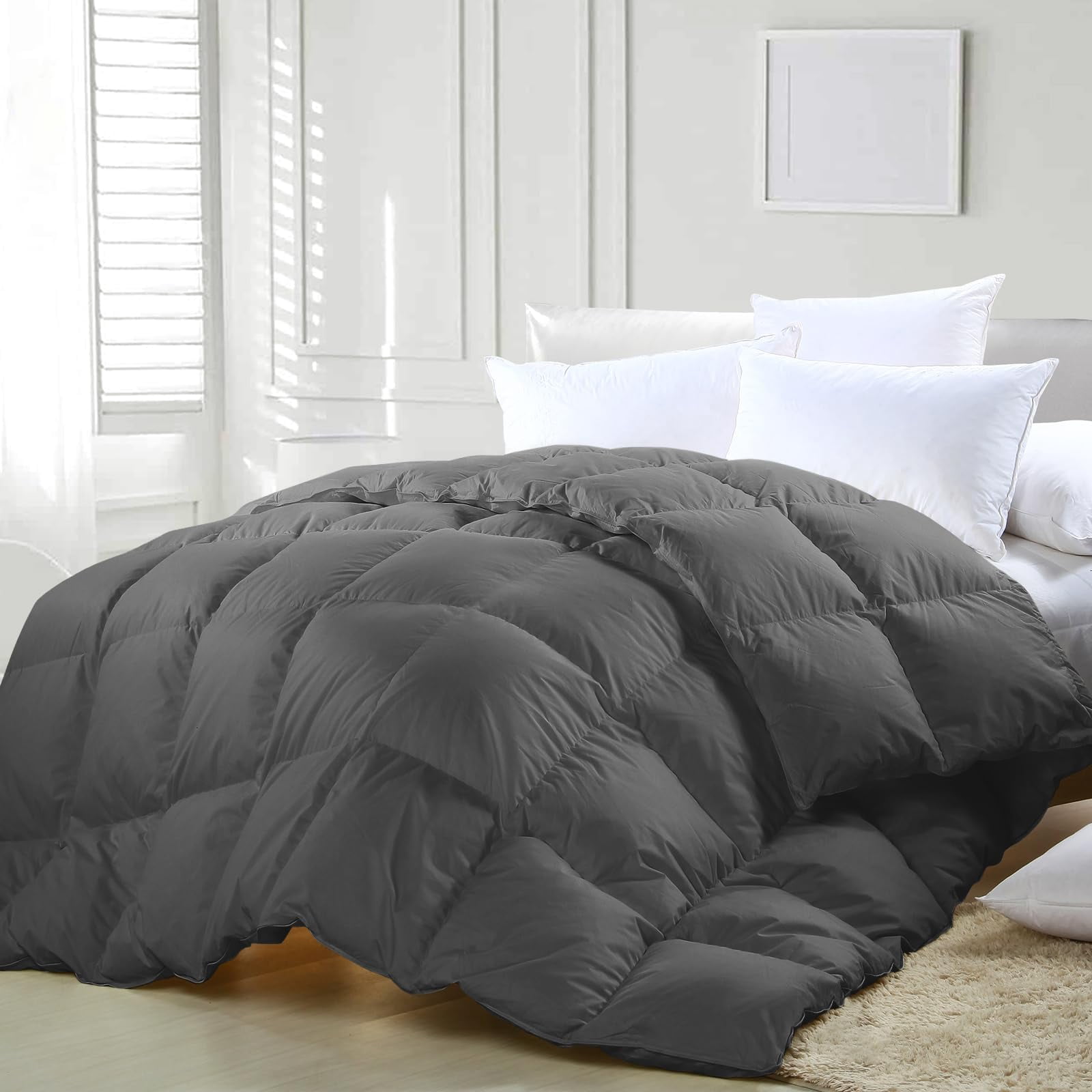 zzlamb Grey Lightweight Feather Down Comforter, All Season Warm Down Duvet Insert for Queen Bed, Durable & Breathable Cotton-Blended Shell Down Proof Duvet with Corner Tabs, Queen Size 90''x90'' Grey