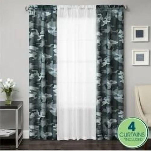 Your Zone 4 Piece Window Curtains Panel Set, 27.5" x 84" Gray Camo with two gray camo patterned panels and two sheer white panels featuring rod pocket design, displayed in a neutral room with gray walls and dark wood floor, ideal for kids' rooms or dorms.