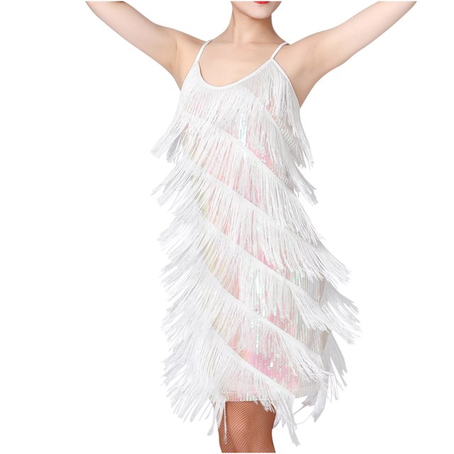 Robe Mini Sans Manches à Paillettes et Plumes pour Femmes, Col Rond, Bretelles
