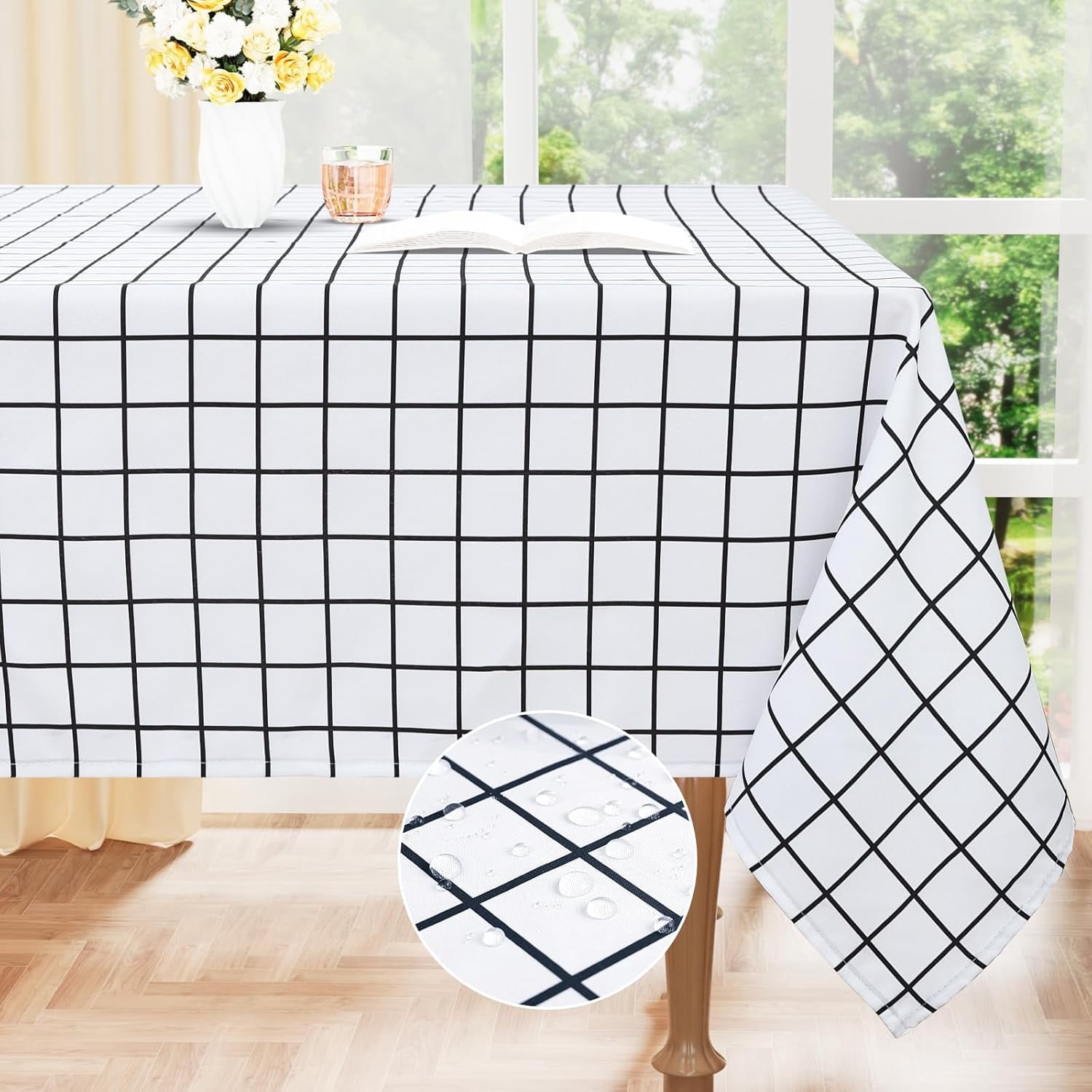 Nappe Rectangulaire en Tissu Imperméable, Nappe en Polyester à Carreaux Résistante aux Taches, Nappe Lavable pour Déco d'Automne et d'Halloween, Salle à Manger, Extérieur (60 Pouces x 120 Pouces, Blanc)