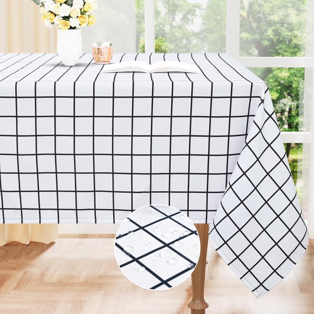 Rectangle Waterproof Fabric Table Cloth, Plaid Stain Resistant Polyester Tablecloth, Washable Cloth Table Cover for Fall Halloween Decor, Dining Room, Outdoor (60" x 120", White)