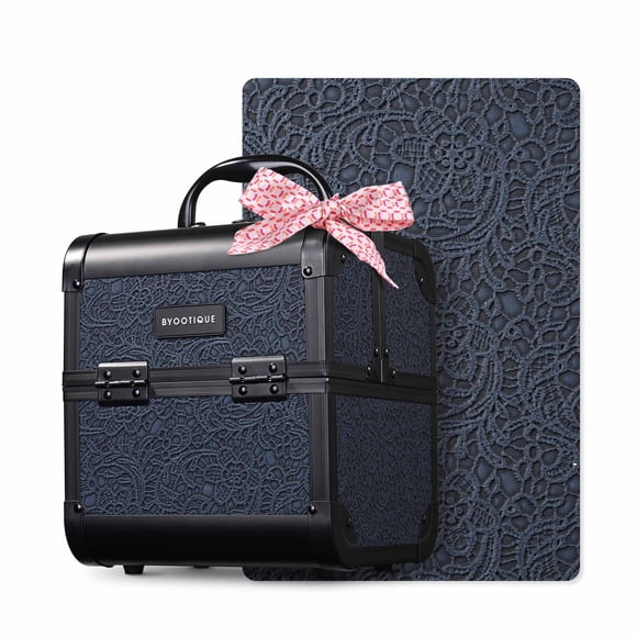 Byootique Makeup Train Case 2-Tier Trays Portable Cosmetic Cases Travel Makeup Storage Organizer Lockable Box with Mirror for Makeup Artist Nail Tech,Rococo Midnight