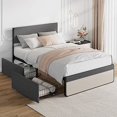 thumbnail image 2 of Lit Plateforme Moderne et Simple avec Tête et Pied de Lit Rembourrés en Lin, Cadre de Lit à Lattes en Acier Robuste Format Double Base de Matelas/espace Suffisant pour le Rangement/aucun Sommier Requis, 2 of 9