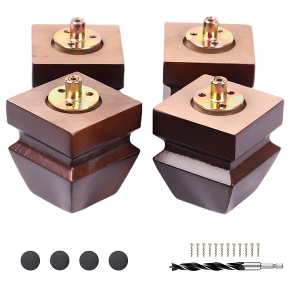 Square Wood Furniture Legs Set of 4 - Wooden Replacement Feet for Couch Bed Bench Dresser Rubber Wood Parts for Table Sofa Wooden Legs Chairs Complete with Installation Hardware (Brown 3 inch)