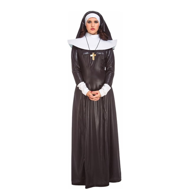 Adult Nun Costume featuring a full-length black robe with white cuffs and a white shoulder collar, a black headpiece, and a cross necklace, shown in a centered front-facing view on a white background, suitable for Halloween, cosplay, and themed parties.