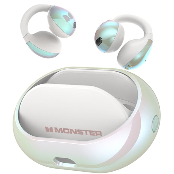 Monster Écouteurs Sans Fil, Écouteurs à Clip, Bluetooth 5.4, Écouteurs Étanches Sans Fil, Écouteurs Sans Fil à Réduction de Bruit IA, Blanc