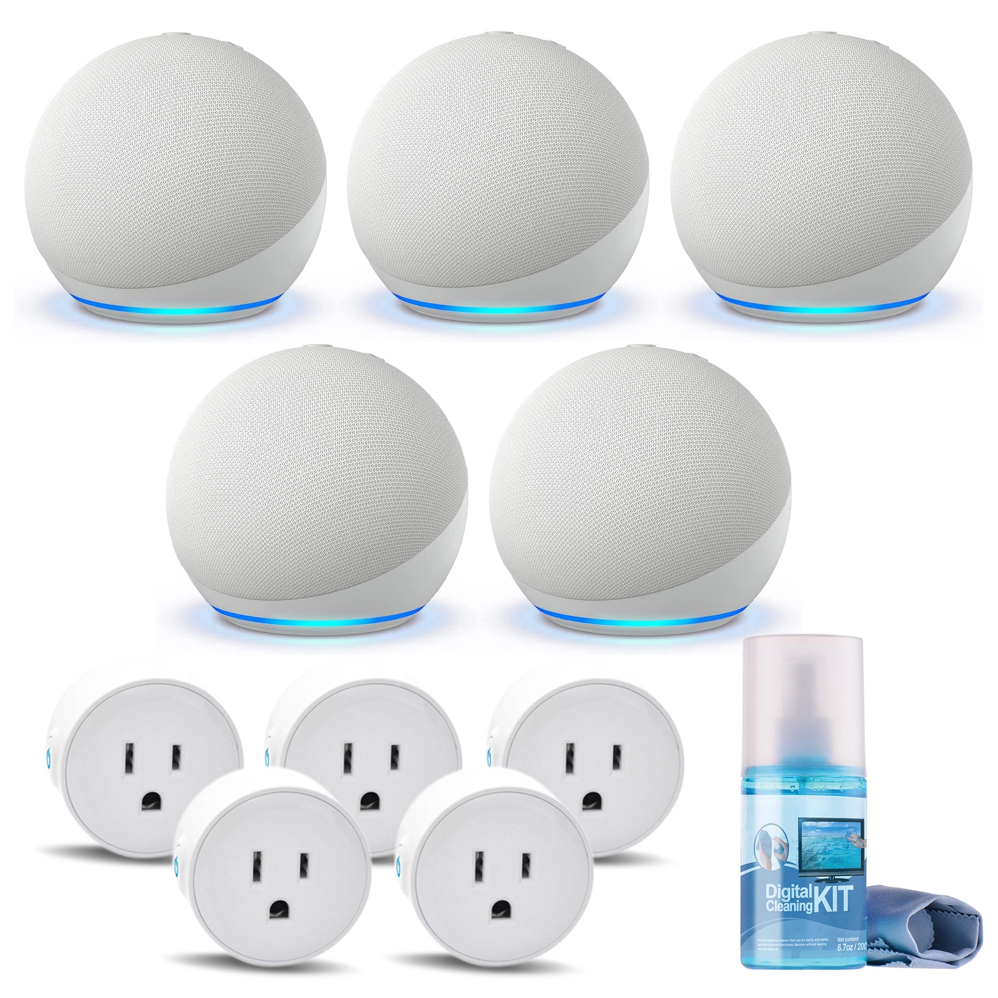 5-Pack Echo Dot (5th Gen, 2022 Release) (Glacier White) with 5-Wifi Smart Plugs and Cleaning Kit