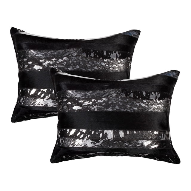 TORINO MADRID COWHIDE PILLOW 12"X20" 2-PACK showing two rectangular pillows crafted from 100% natural Indian cowhide with black and silver striped patterns, hand-stitched with hidden zipper closures and polyfil inserts, ideal for layering in home décor and adding warmth to seating areas.
