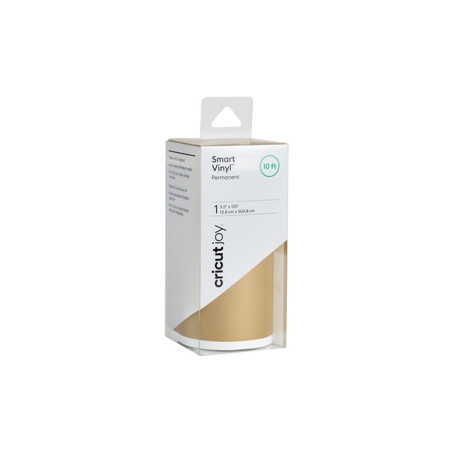 Cricut Joy™ Smart Vinyl™ Permanent Value Roll 10 ft in gold, packaged in clear and white box showing product size 5.5 by 120 inches (13.9 cm by 304.8 cm). Water- and fade-resistant vinyl designed for use without a cutting mat, suitable for creating custom decals on water bottles, mailboxes, and outdoor signs.