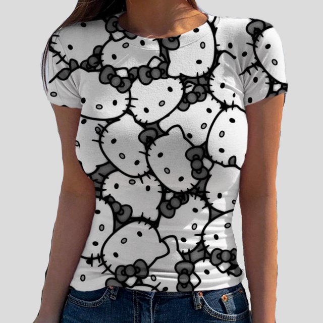 Hello Kitty T-Shirt Décontracté Quotidien à Impression 3D pour Femmes, Manches Courtes, Extensible, Col Rond, Passe-Partout, Nouvelle Arrivée pour l'Été, Ajusté, 2024, Haut