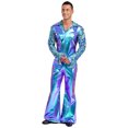 thumbnail image 3 of iiniim Men Shiny Metallic Jumpsuits 70s Disco Dance Leotards Stage Performance Costume Wide Leg Rompers Blue S, 3 of 7