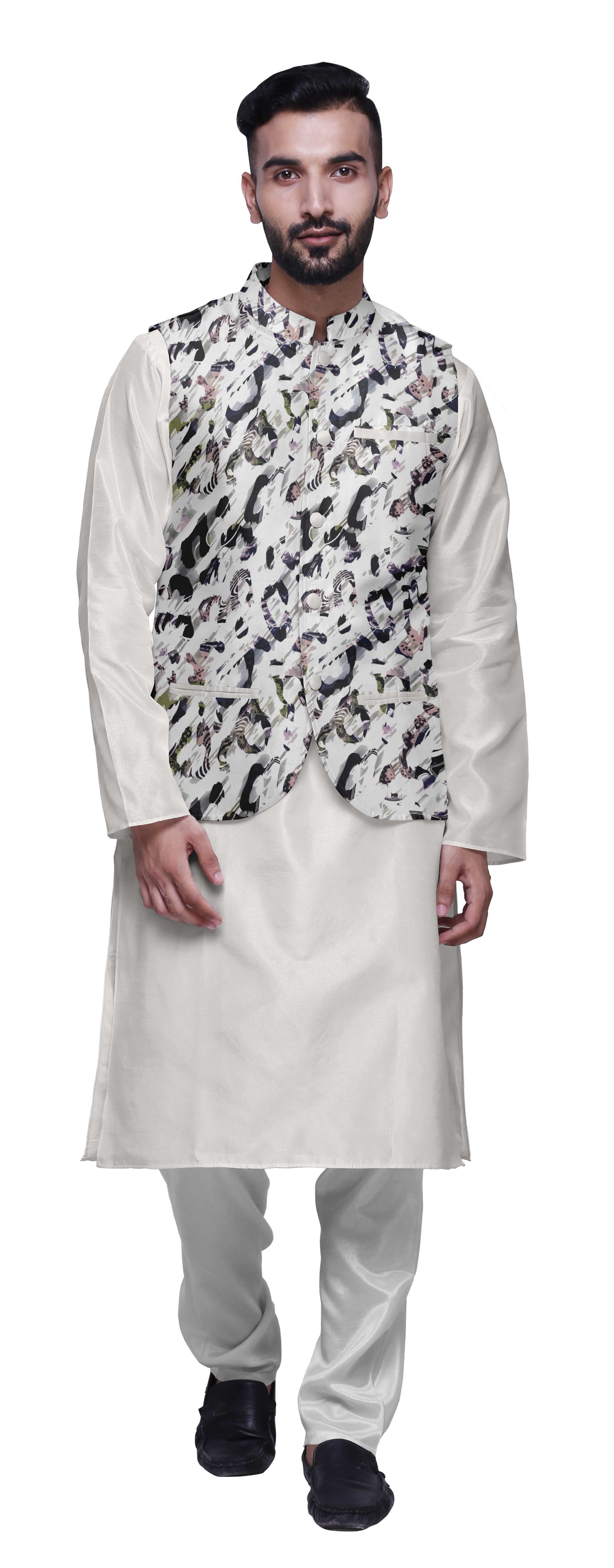 Atasi Kurta Pyjama Traditionnel Uni à Col Mandarin avec Ensemble de Veste Imprimée