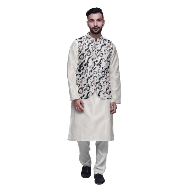 Atasi Ensemble de Pyjama Kurta Churidar Ethnique avec Veste Nehru Imprimée pour Hommes