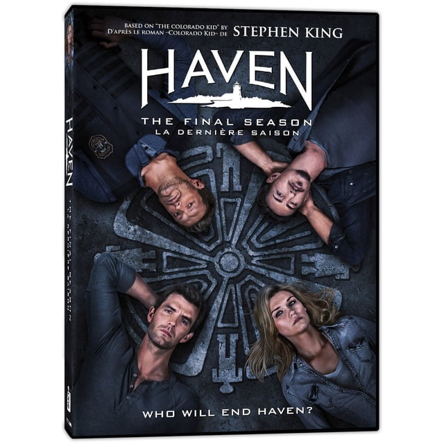 Haven The Final Season DVD cover showing four characters lying around a detailed circular stone emblem, with the title and Stephen King's name above and the tagline 'Who will end Haven?' below, representing the final chapter of the TV series.