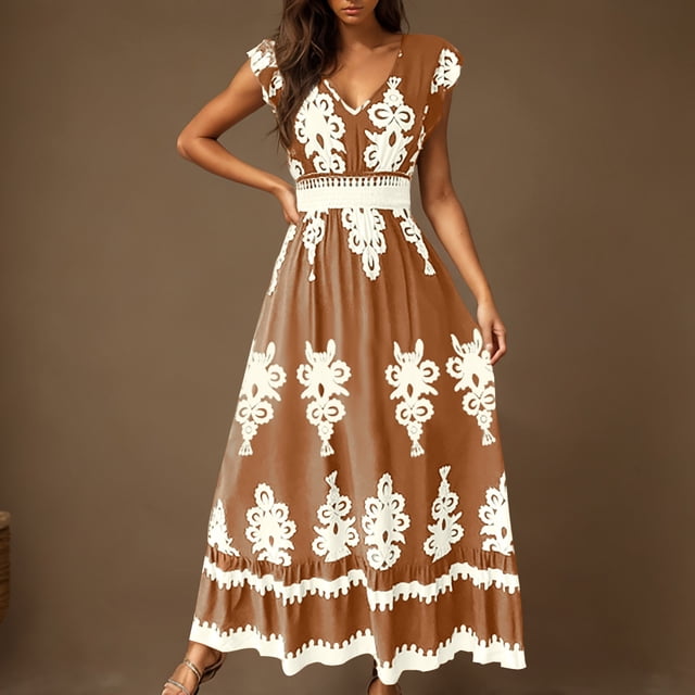 Ovzne Robes pour Femmes Robe d'Été Robe Décontractée de Plage pour Femmes Robe à Imprimé de Vacances Robe Maxi Grande Taille Robe Imprimée Liquidation