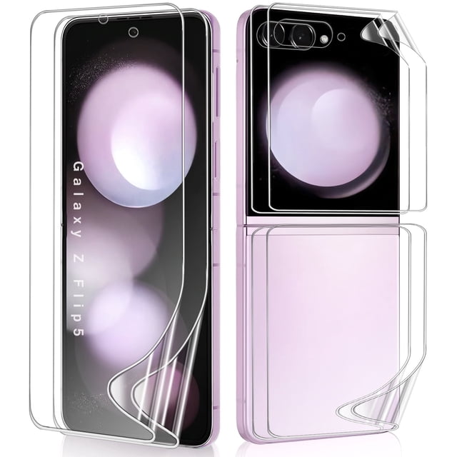 Zonyee 2 Sets Screen Protector for Samsung Galaxy Z Flip 5, offering front and back full coverage soft protective film for the 6.7-inch folding phone. This HD clear, scratch-resistant hydrogel protector features self-healing technology to repair minor scratches and bubbles. Includes oleophobic coating for anti-fingerprint and anti-oil properties, ensuring smooth touch and high transparency. Easy installation tools provided for bubble-free application. Ideal for Samsung screen protection.