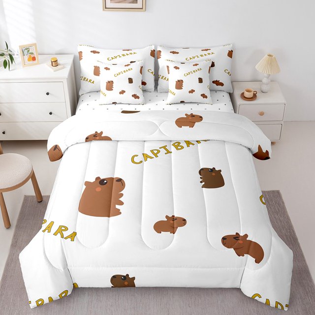 YST Ensemble de Douillette 7 Pcs, Ensemble de Literie Dessin Animé Capybara, 7 Pcs, Brun, Lit Simple