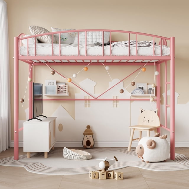 Yiwa Metal Loft Bed, Twin Size with Ladder, Arched Guardrail, Sturdy Steel Slats Support