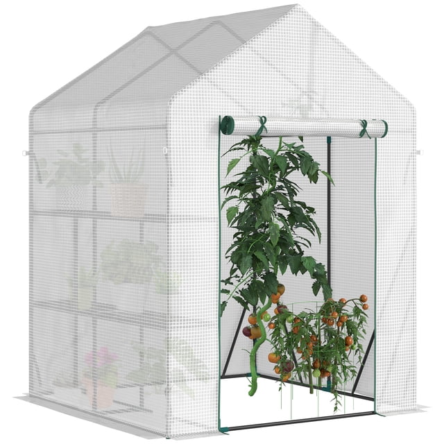 Outsunny Greenhouse pour l'Extérieur, Serre Portative avec Étagère à 2 Niveaux. Cette Serre Présente une Housse en Plastique PE Résistante aux UV pour la protection contre l'Eau, le Vent et les Rayons du Soleil. Elle Comprend une Porte Enroulable pour un Accès Facile et un Cadre en Acier Robuste pour la Stabilité. les Étagères Métalliques à Deux Niveaux Offrent un Grand Espace pour le Rangement des Plantes. les dimensions Globales Sont de 56,3 Pouces de Longueur, 56,3 Pouces de Largeur et 76,8 Pouces de Hauteur. Idéale pour Protéger les Plantes du Froid et des Oiseaux Tout