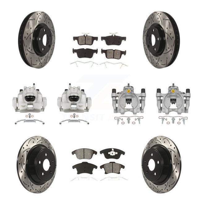 Transit Auto Front Rear Disc Brake Coated Caliper Drilled Slotted Rotors and Semi-Metallic Pads Kit (10Pc) for Car 2019-2020 Ford Police Responder Hybrid KCD-100389S