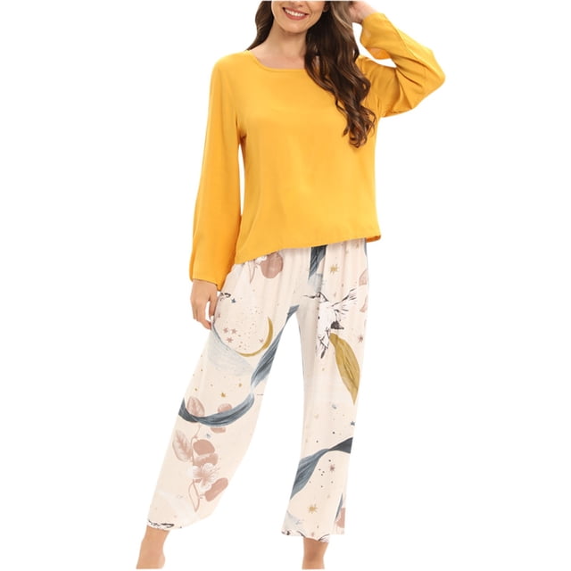 Teissuly Pyjama pour Femmes Pyjama à Col Rond Ensemble à Manches Longues pour la Maison