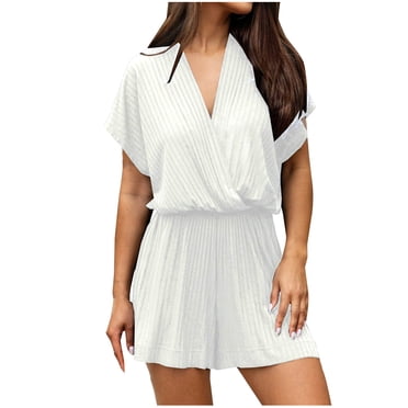 Yanlir Overalls for Women's Summer and Spring Casual Elastic Waist Rompers V Neck Sleeveless Loose Shorts Jumpsuits 2025 Beach Vacation Outfits(White,XL)