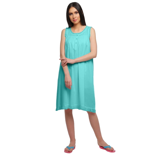 Moomaya Robe de Nuit Trapèze Unie Sans Manches pour Femme en Coton