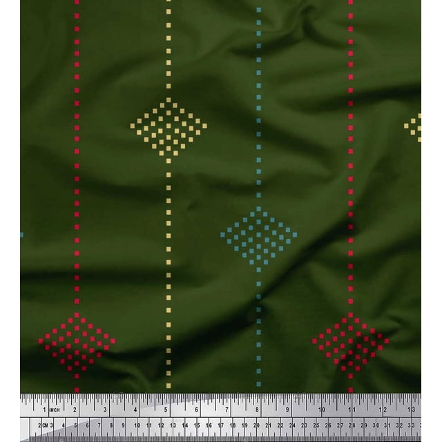 Soimoi Green Silk Fabric Dotted Jamdani Printed Fabric 1 Yard 42 Inch Wide