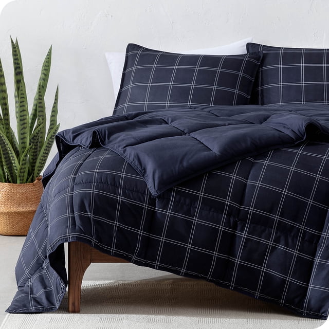 Bare Home Goose Down Alternative Comforter Set - 3 Piece Set - Queen, Dark Blue - Modern Plaid