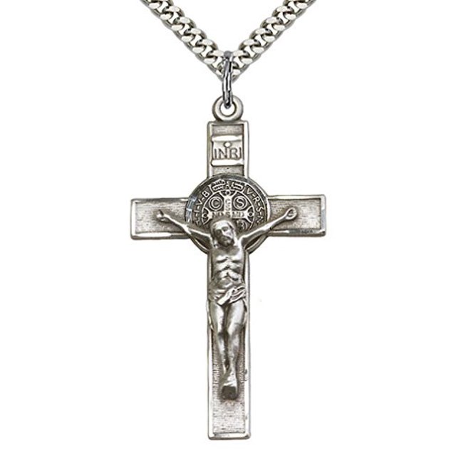 Heartland Store Men's Sterling Silver Saint Benedict Crucifix Pendant + 24 Inch Rhodium Plated Chain & Clasp