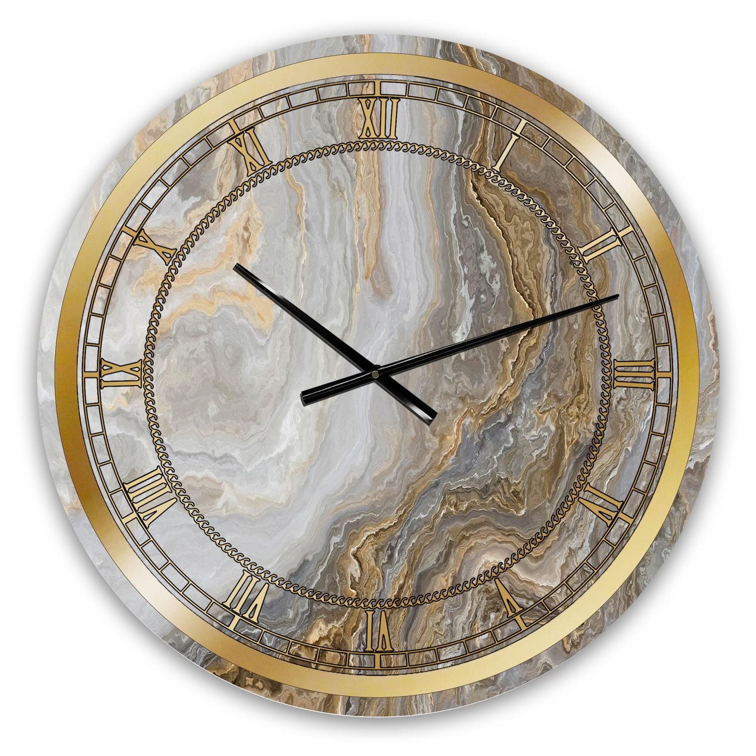 Designart Marbre blanc avec des veines Curley Grey et Gold horloge murale